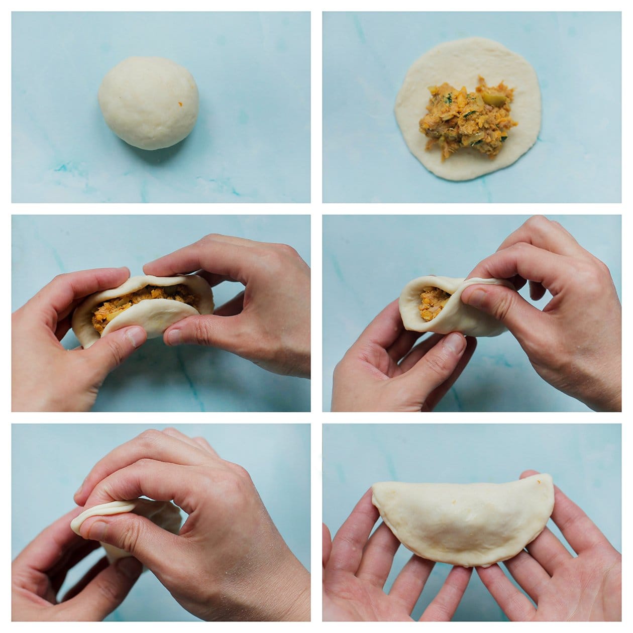 Deeg vullen met het tonijnmengsel en dichtvouwen