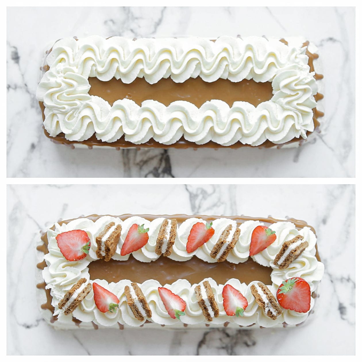 Dessert garneren met room, koek en aardbeien