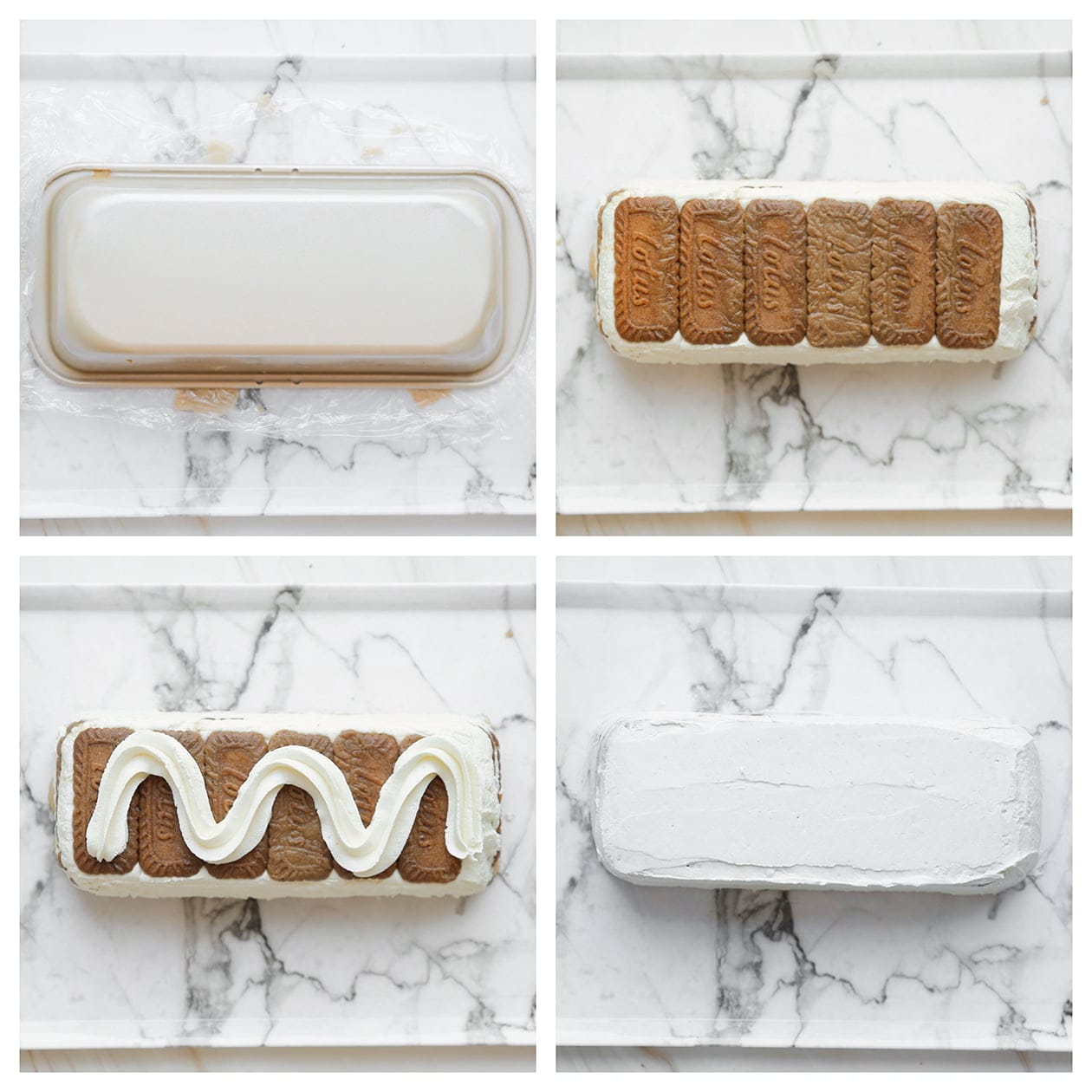 Dessert uit de bakvorm halen en besmeren met room