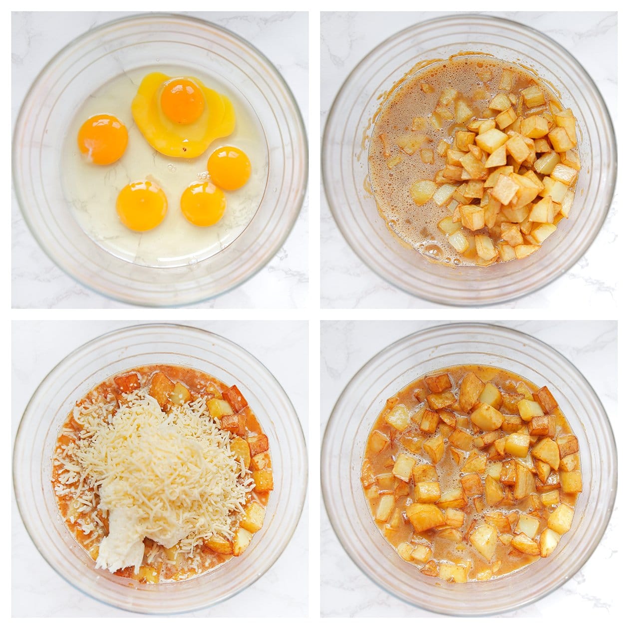 Eieren mengen met verse kruiden, aardappelblokjes en mozzarella