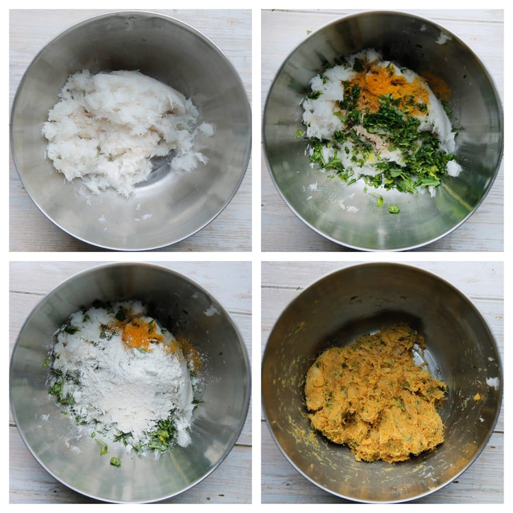 Doe de fijngemalen kabeljauw in een kom. Voeg het zout, de currypoeder, zwarte peper, komijnpoeder, olijfolie, knoflookpoeder, uienpoeder, peterselie en bloem toe. Meng goed. Laat intrekken.