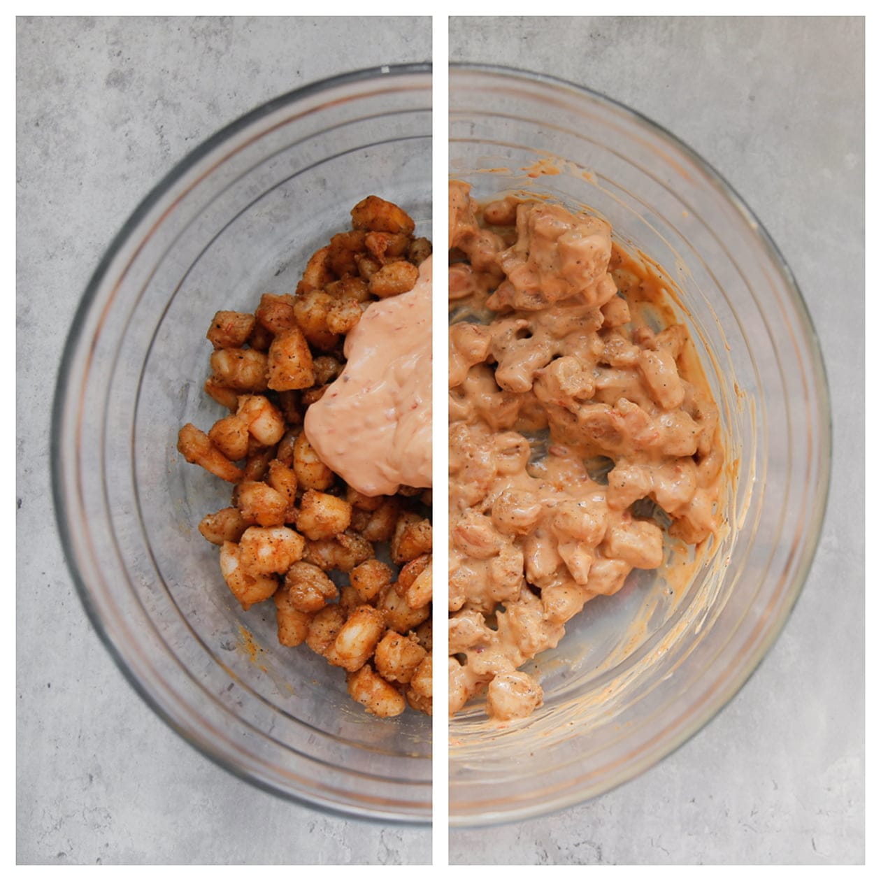 Garnalen mengen met saus in een diepe kom