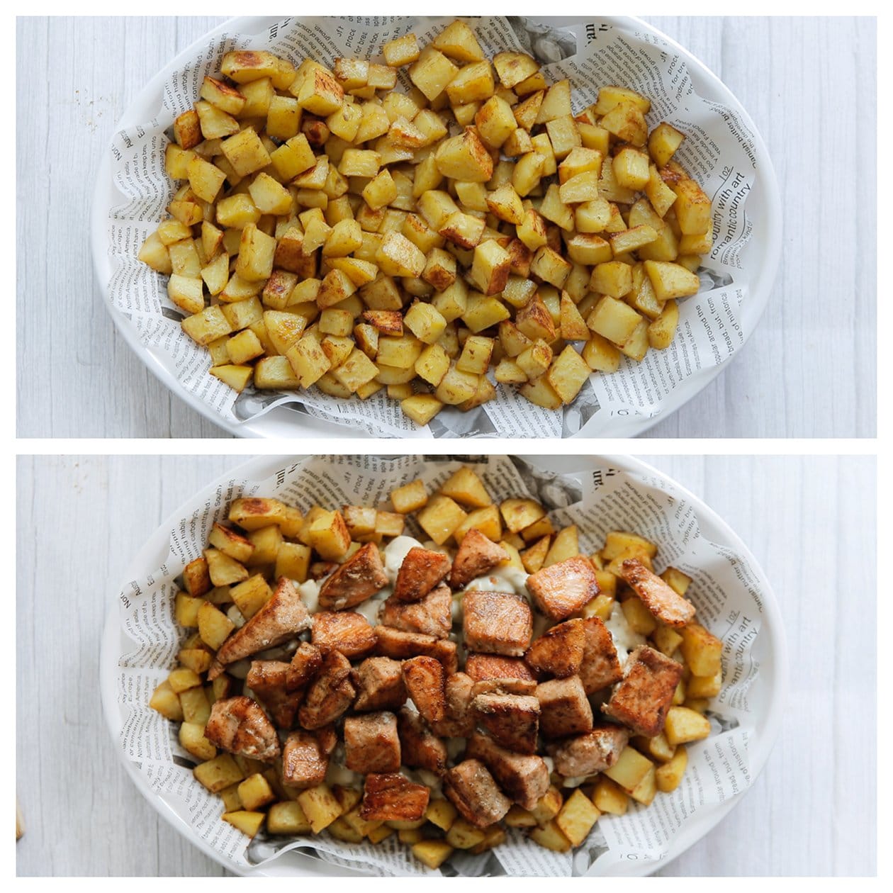 Gebakken aardappelblokjes verdelen over een bord met saus en zalmblokjes