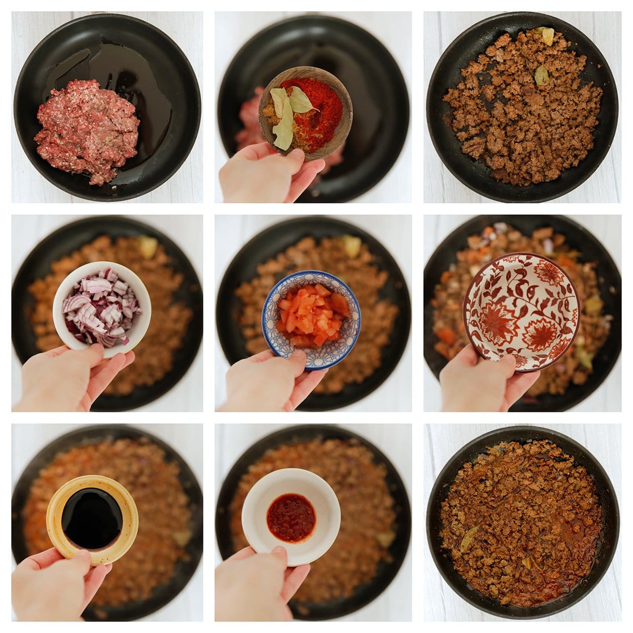 Gehakt bakken met verse kruiden, groenten en vervolgens koken in saus