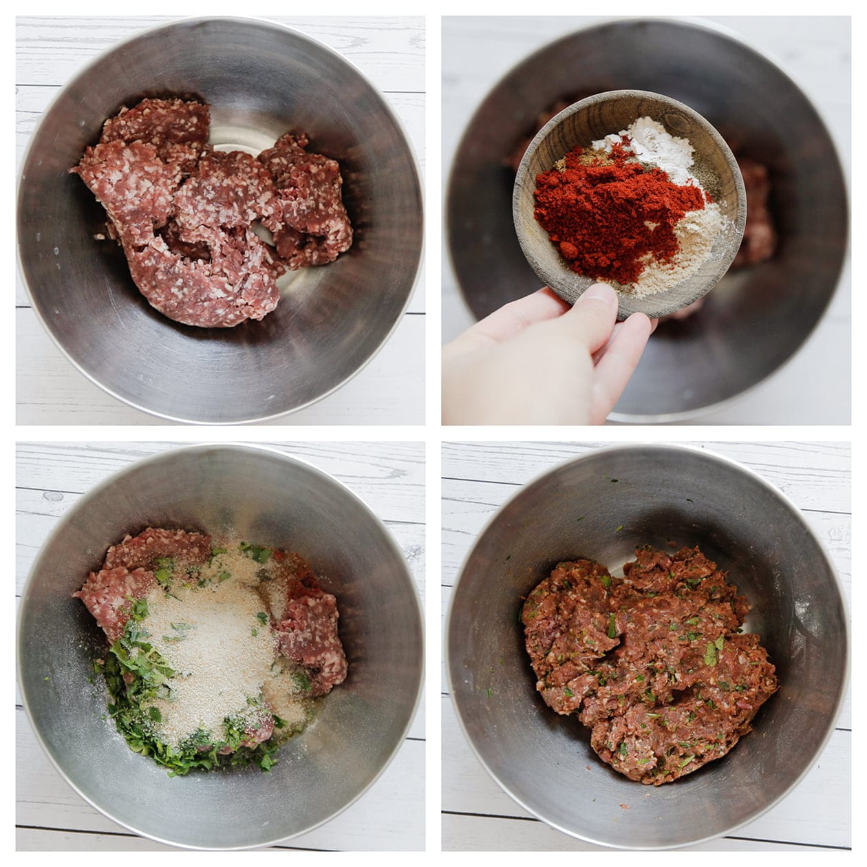 Gehakt mengen met verse kruiden, broodkruimels, peterselie tot een geheel