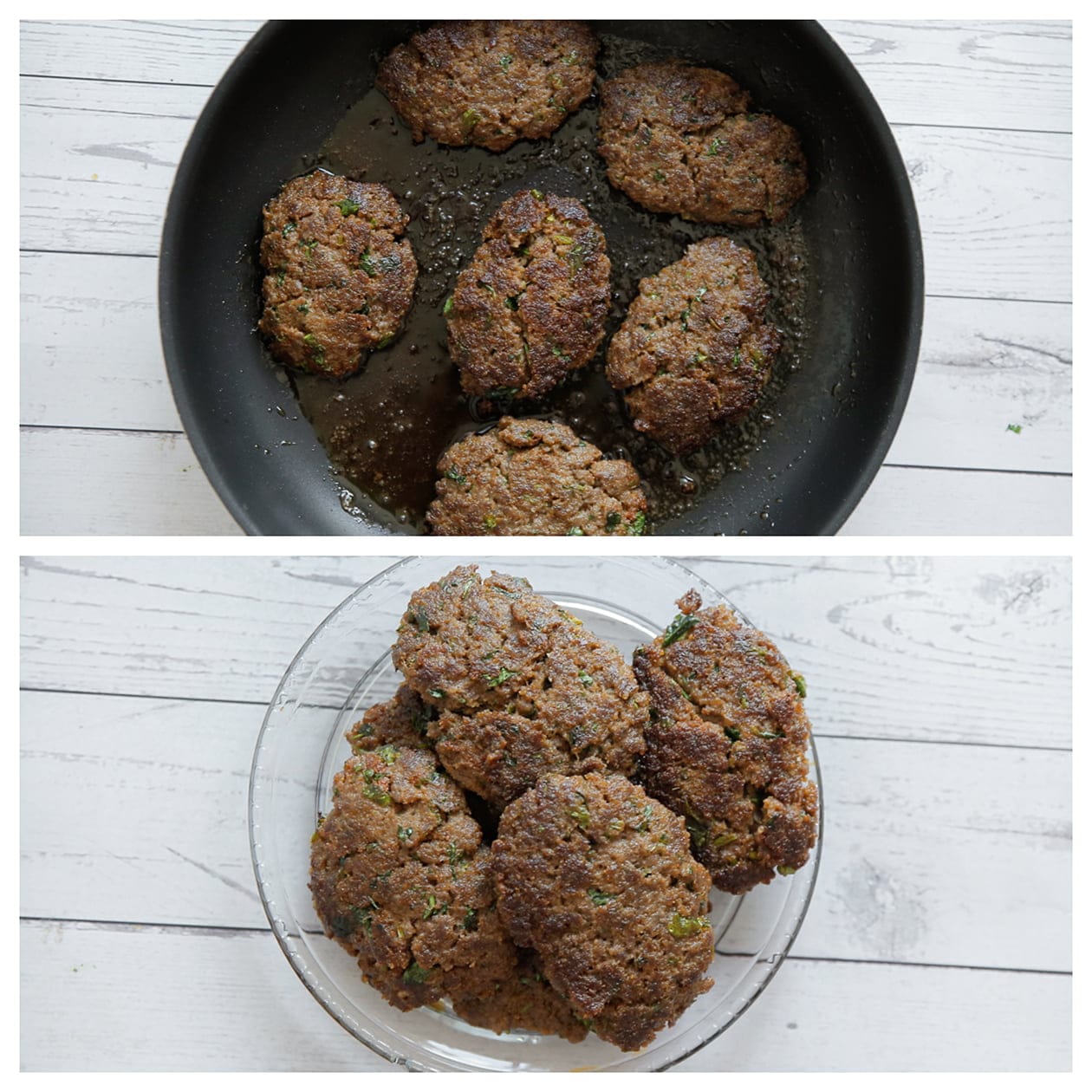 Gehaktburgers gaar bakken en uit de pan scheppen