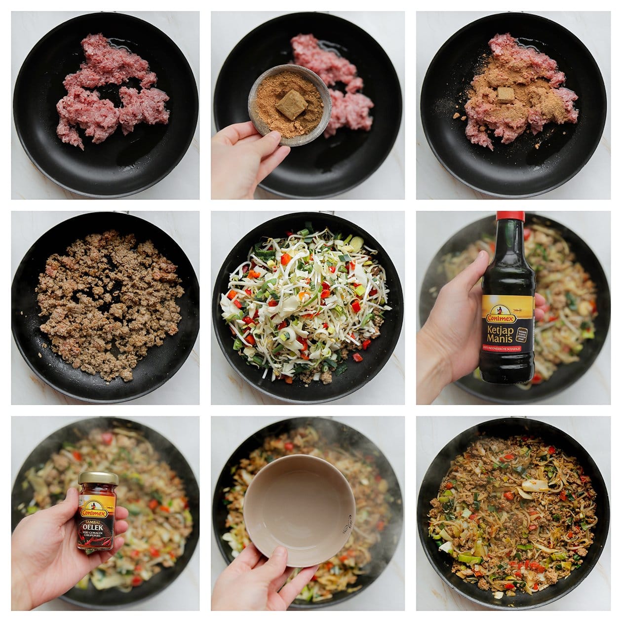 Gehaktmengsel bakken met groenten, verse kruiden en sambal