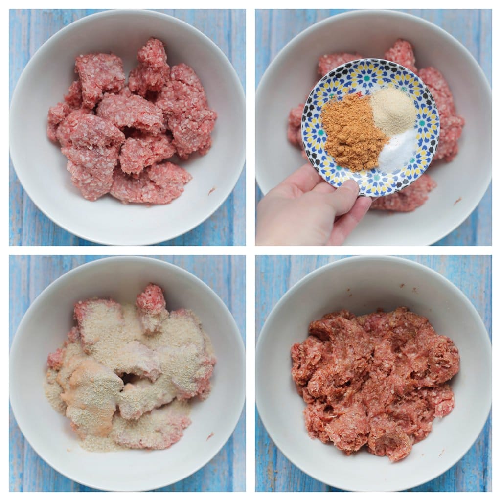 Doe het gehakt in een kom. Voeg de broodkruimels, ras el kouzina, zwarte peper, uienpoeder en het zout toe. Meng goed.