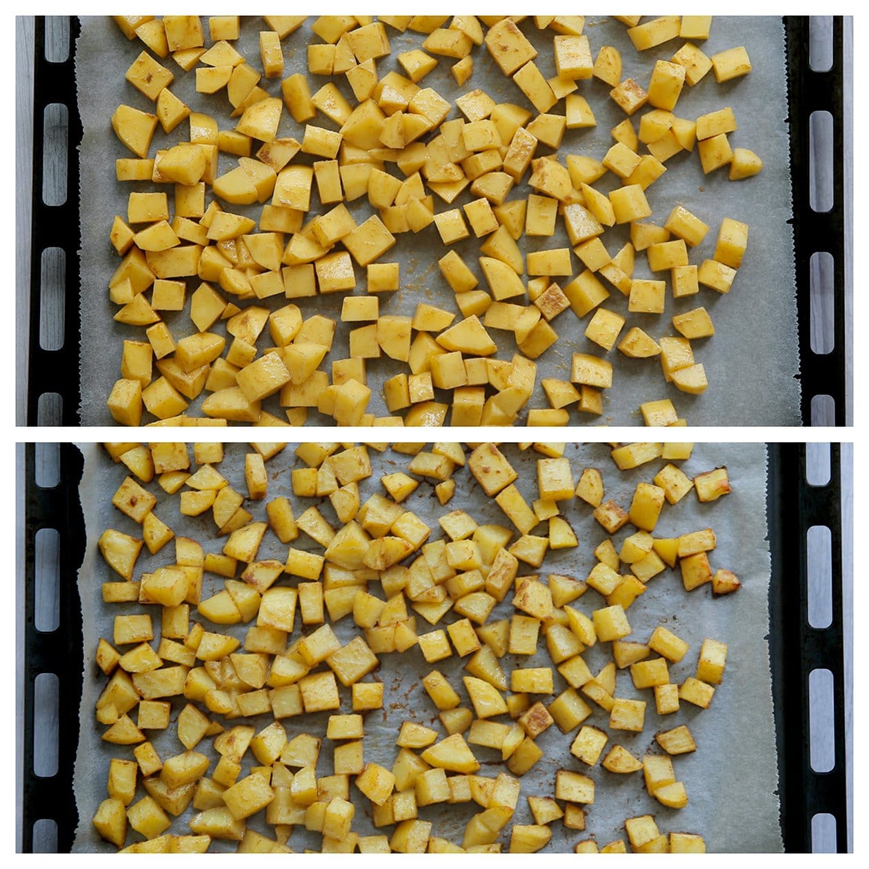 Gekruide aardappelblokjes goudbruin bakken in de oven