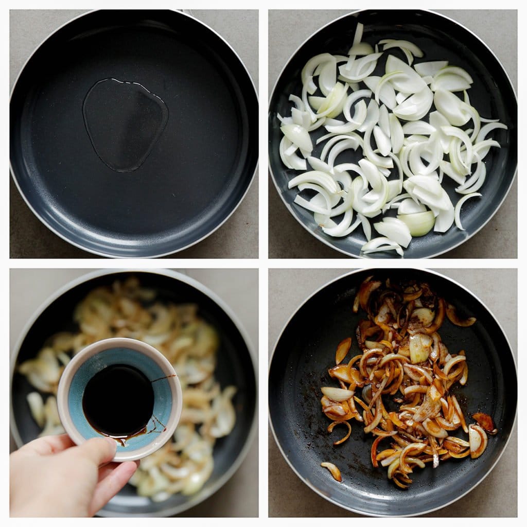 Verhit de zonnebloemolie in een koekenpan op hoog vuur. Voeg de gele ui toe en bak tot de randen goudbruin kleuren. Zet je het vuur laag. Bak, afgedekt, 15 minuten. Voeg de ketjap manis toe. Meng goed. Bak 5 minuten. Schep de gekarameliseerde ui eruit en leg apart.