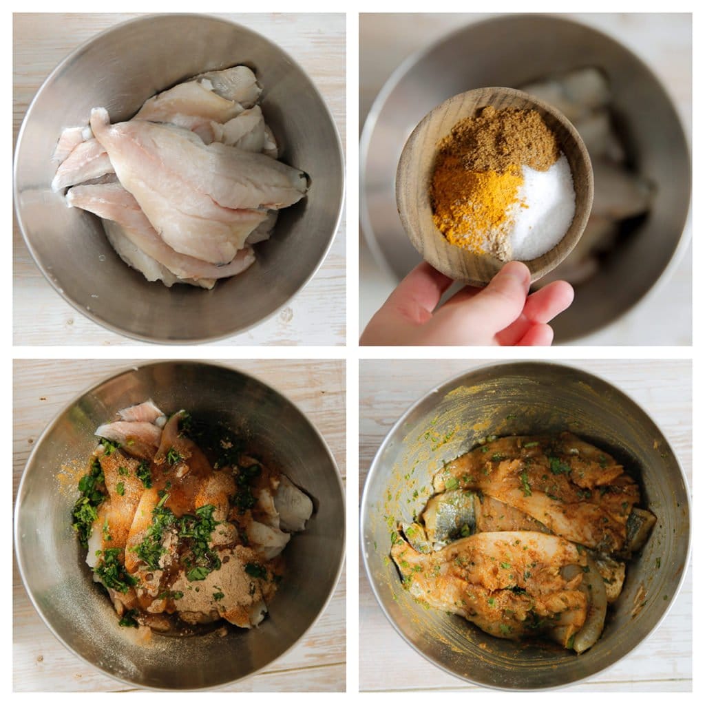 Hak de peterselie fijn. Doe de goudbaars in een kom. Voeg het zout, de ras el hanout, komijn, knoflookpoeder en peterselie toe. Meng goed.