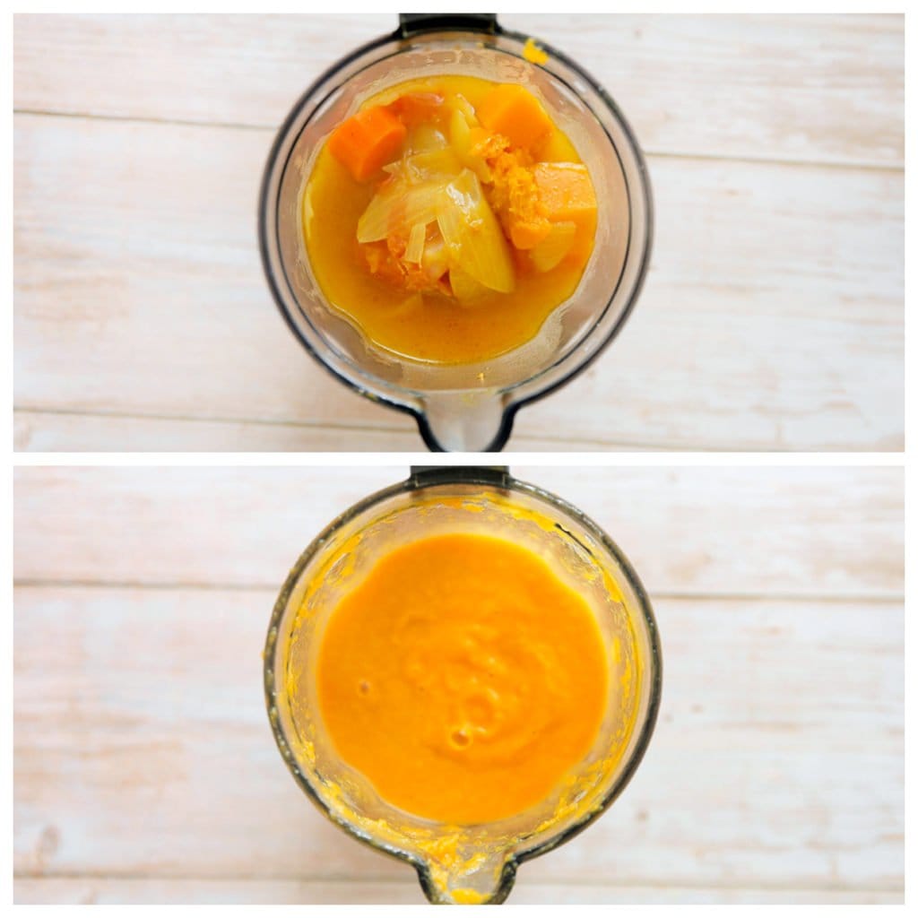 Verwijder de laurierblaadjes. Doe het groentemengsel in een blender en maal tot een gladde massa.