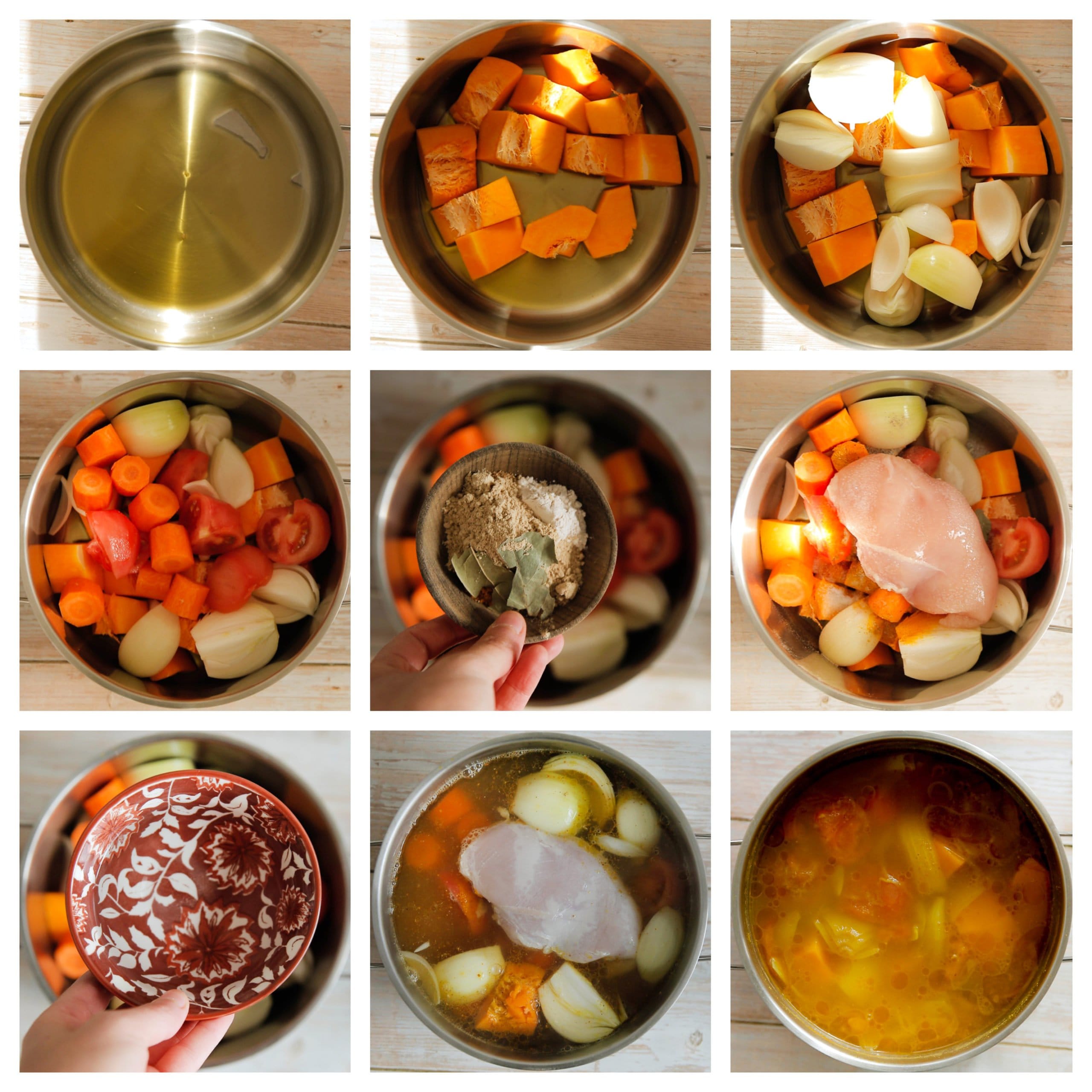 Groenten voorbakken en koken met kipfilet voor de pompoensoep met kip