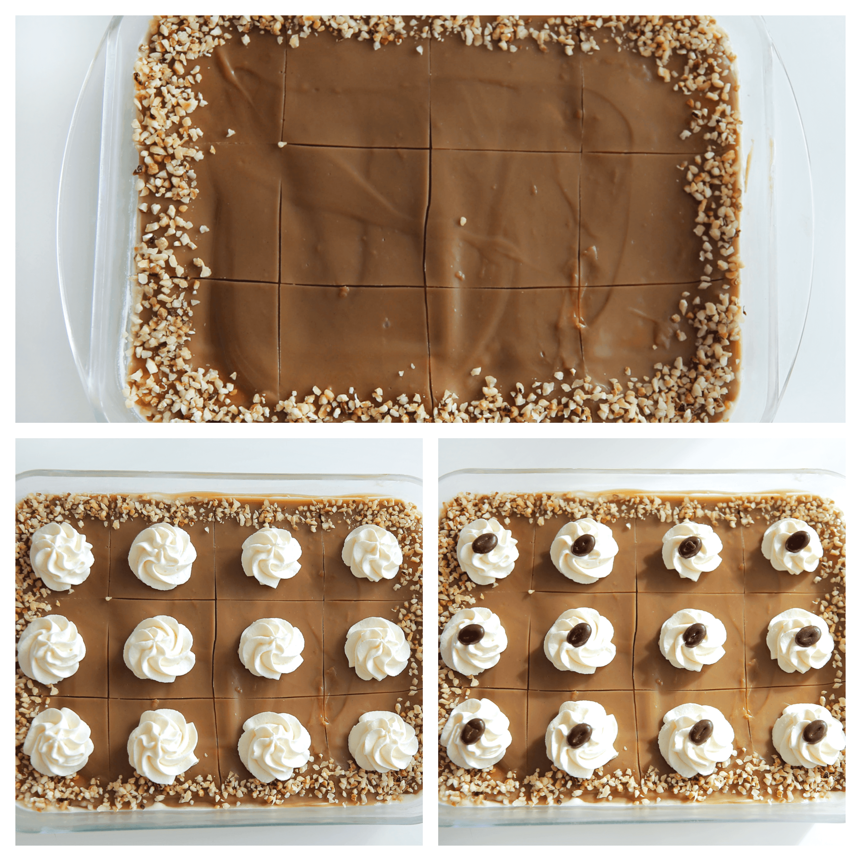 Het koffiedessert aansnijden voordat je het garneert met slagroom en mokkaboontjes kopiëren