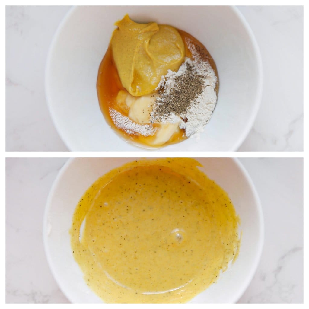 Doe de mayonaise, mosterd, honing, uienpoeder en zwarte peper in een kom en meng samen. Voeg zout toe naar smaak of laat dit weg.