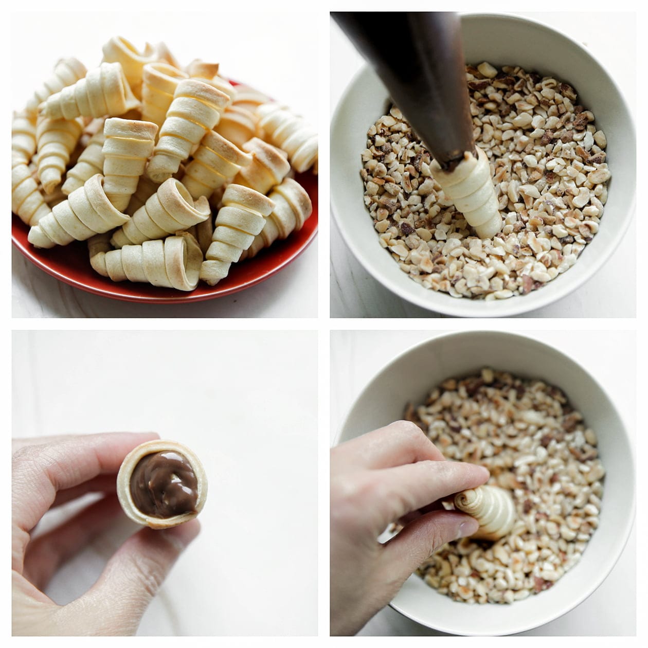 Hoorntjes vullen met het chocolademengsel en garneren met stukjes hazelnoten