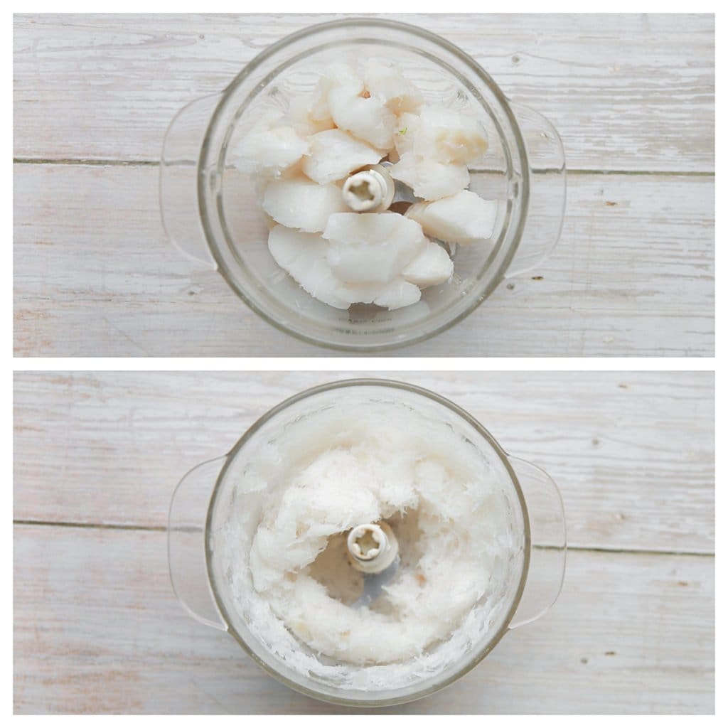 Doe de kabeljauw in een hakmolen. Maal fijn.