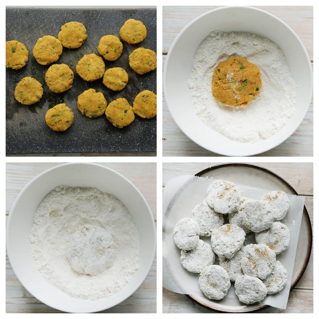 Neem wat van het kabeljauwmengsel en vorm er mini burgers van (30 g per stuk). Haal de kabeljauwburgers door het bloemmengsel. Leg apart.