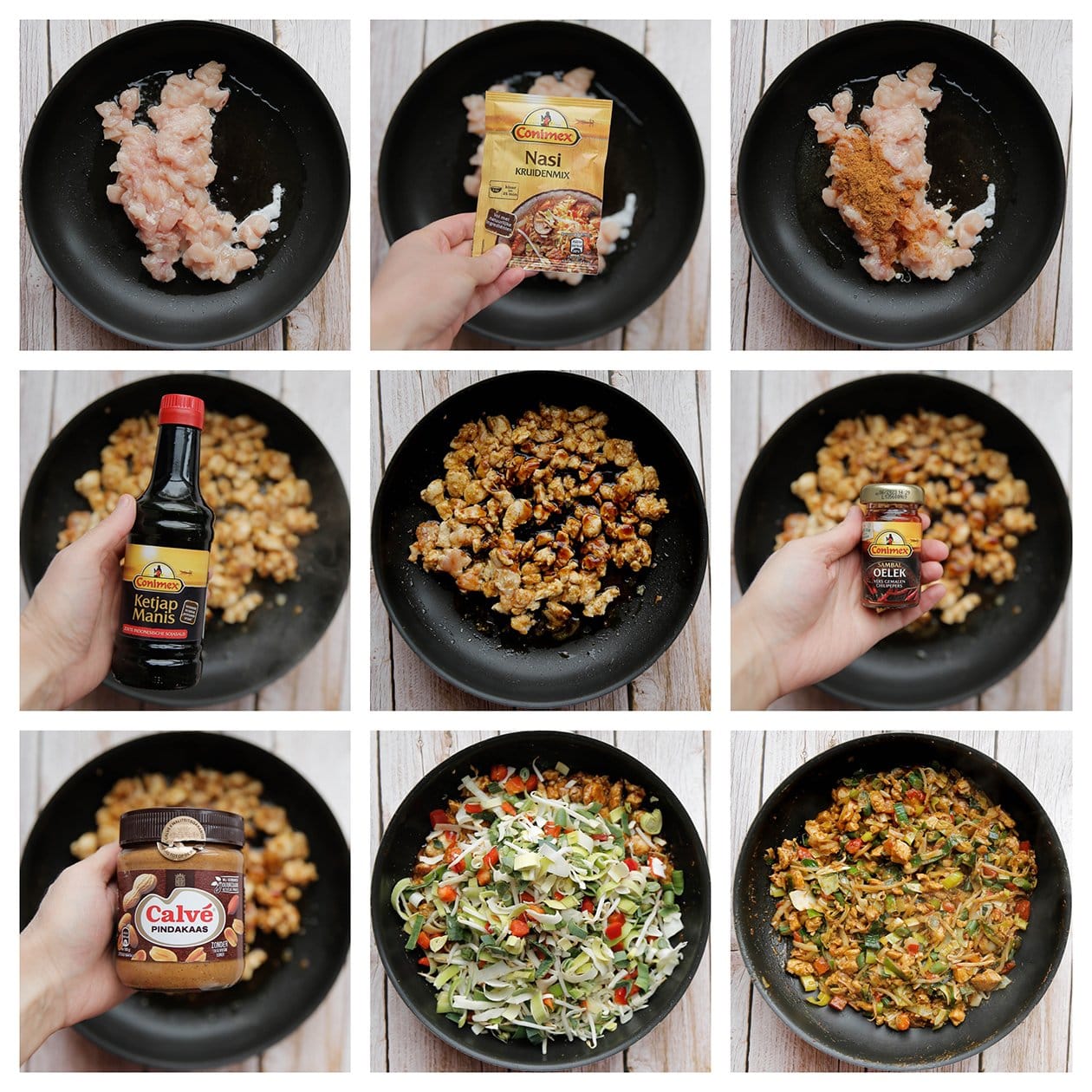 Kip bakken met nasi kruiden, ketjap manis,sambal, pindakaas, chinese roerbakmix tot een geheel