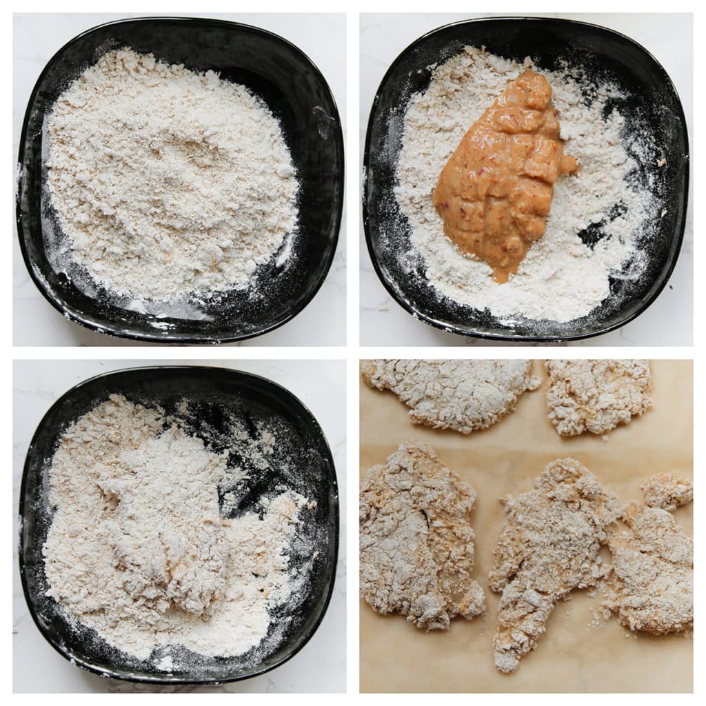 Haal de kip door het bloemmengsel en leg op een vel bakpapier.