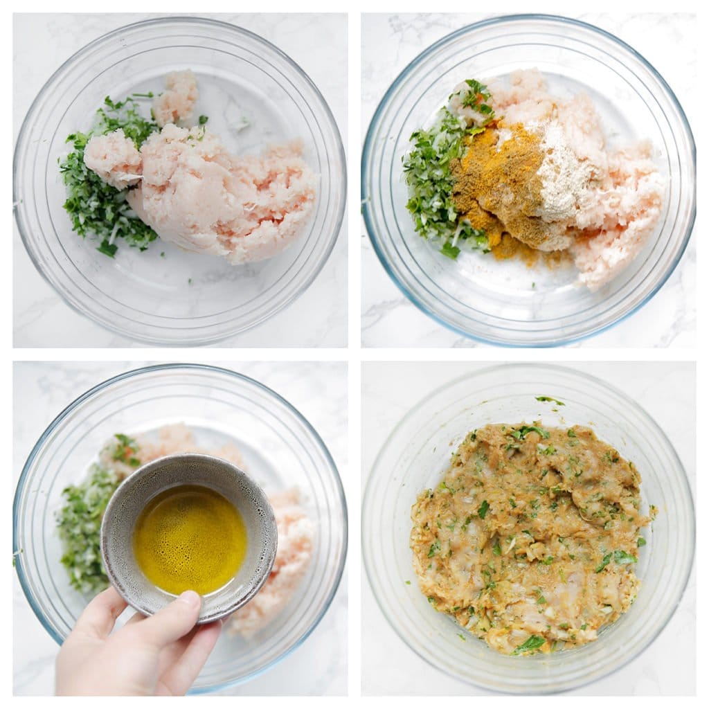 Doe het groentemengsel in een diepe kom. Voeg het kipgehakt, zout, de ras el hanout, komijn, knoflookpoeder, uienpoeder, olijfolie en broodkruimels toe. Meng goed.