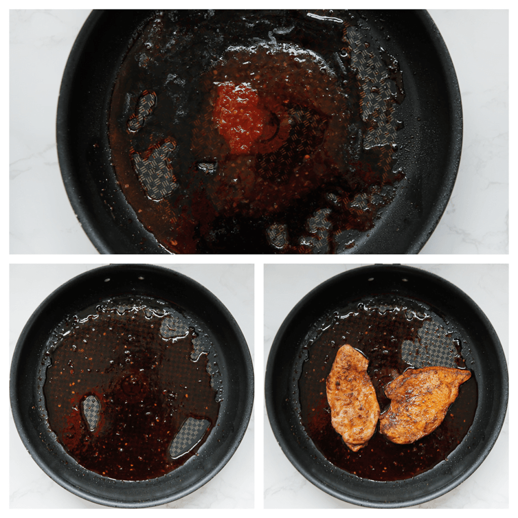 Kook de chilisaus, honing, ketjap manis en sambal in dezelfde koekenpan op middelhoog vuur. Meng goed. Wanneer het pruttelt, voeg je de kip toe. Kook de kip 1-2 minuten mee of tot de saus er goed omheen zit.