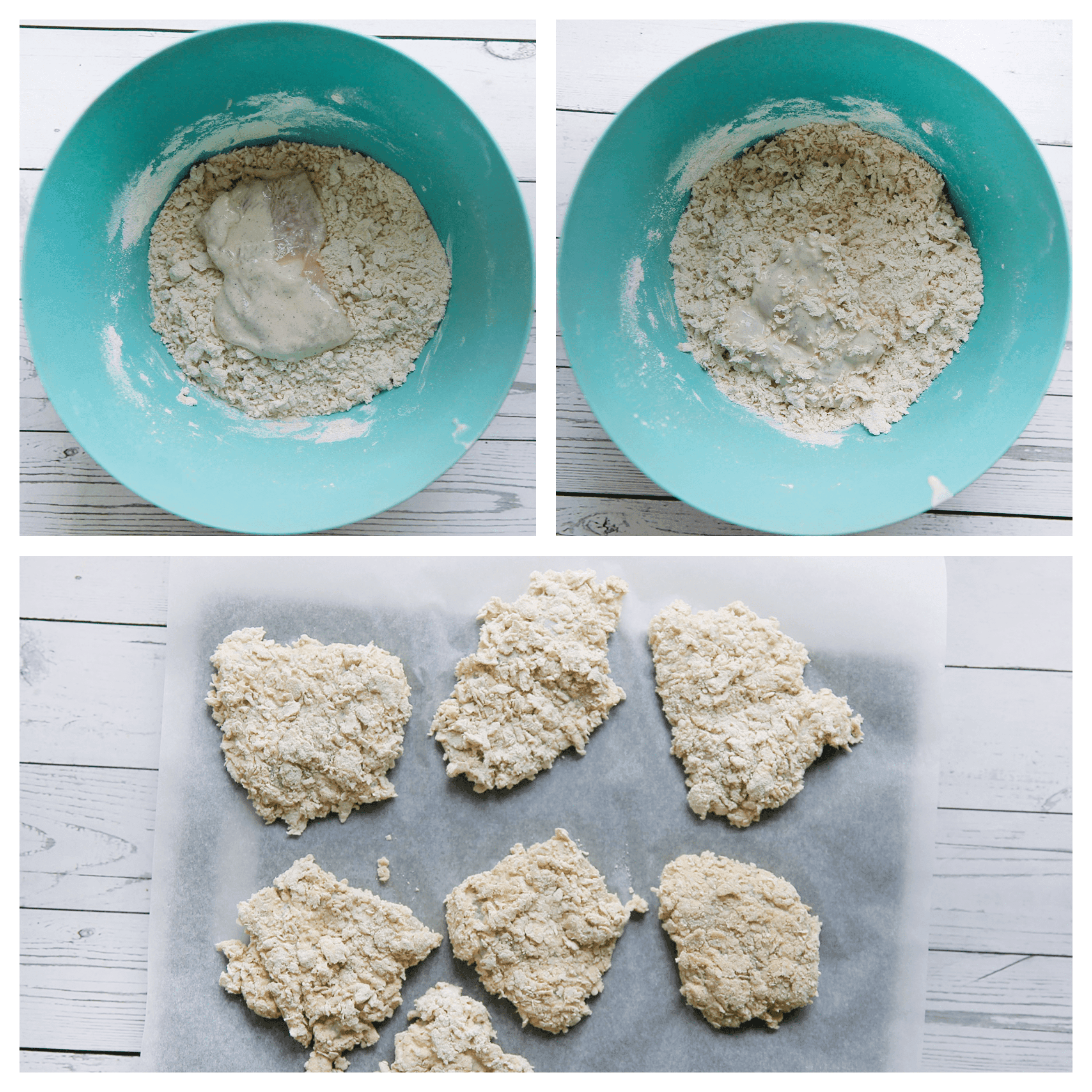 Kipfilet door het kruimelige bloemmengsel halen en op een vel bakpapier leggen
