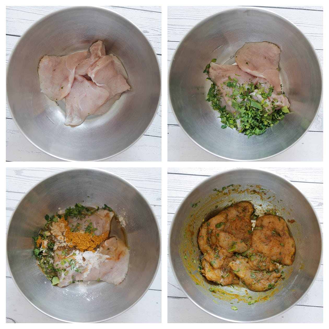 Kipfilet in plakken snijden en mengen met kruiden in een diepe kom