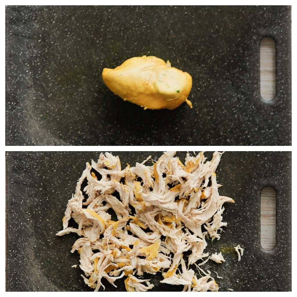 Haal de kip voorzichtig uit de pan. Pluk de kip. 