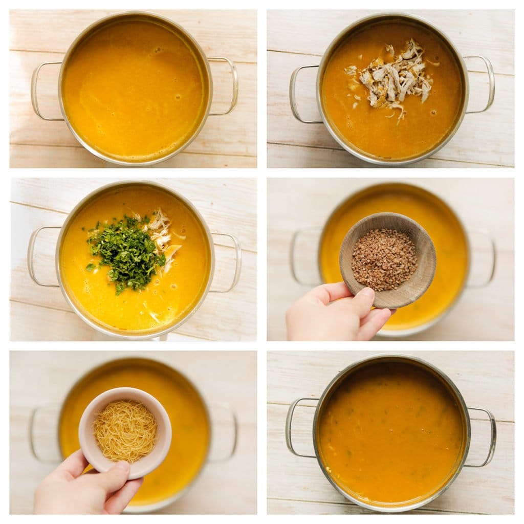 Doe het groentemengsel terug in de pan. Voeg de kip en peterselie toe. Kook, afgedekt, 10 minuten. Voeg de bulgur en vermicelli toe. Kook, afgedekt, 10 minuten.