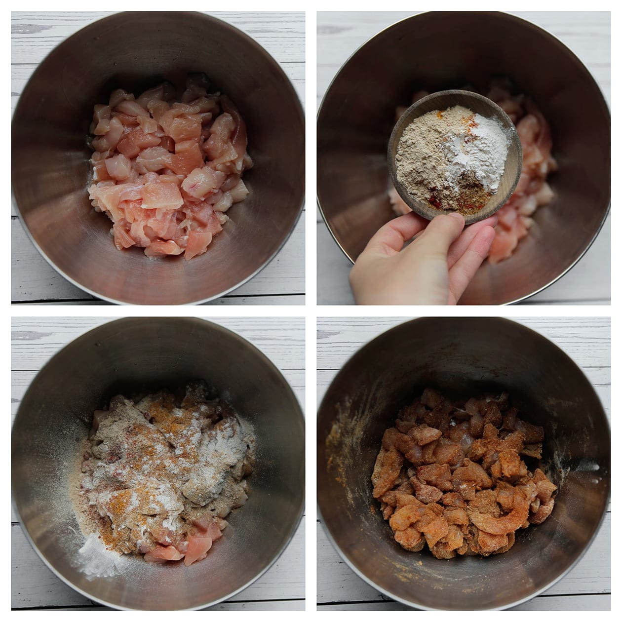 Kipstukjes mengen met verse kruiden in een diepe kom