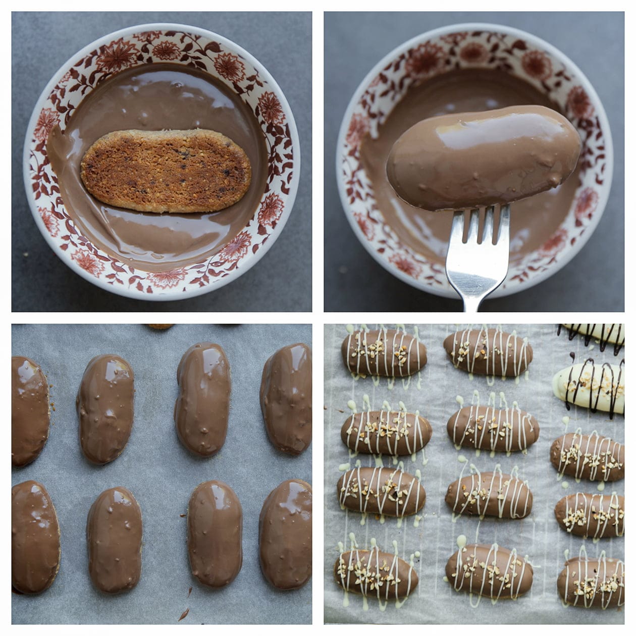 Koekjes door de chocolade halen en garneren met streepjes chocolade en gehakte noten