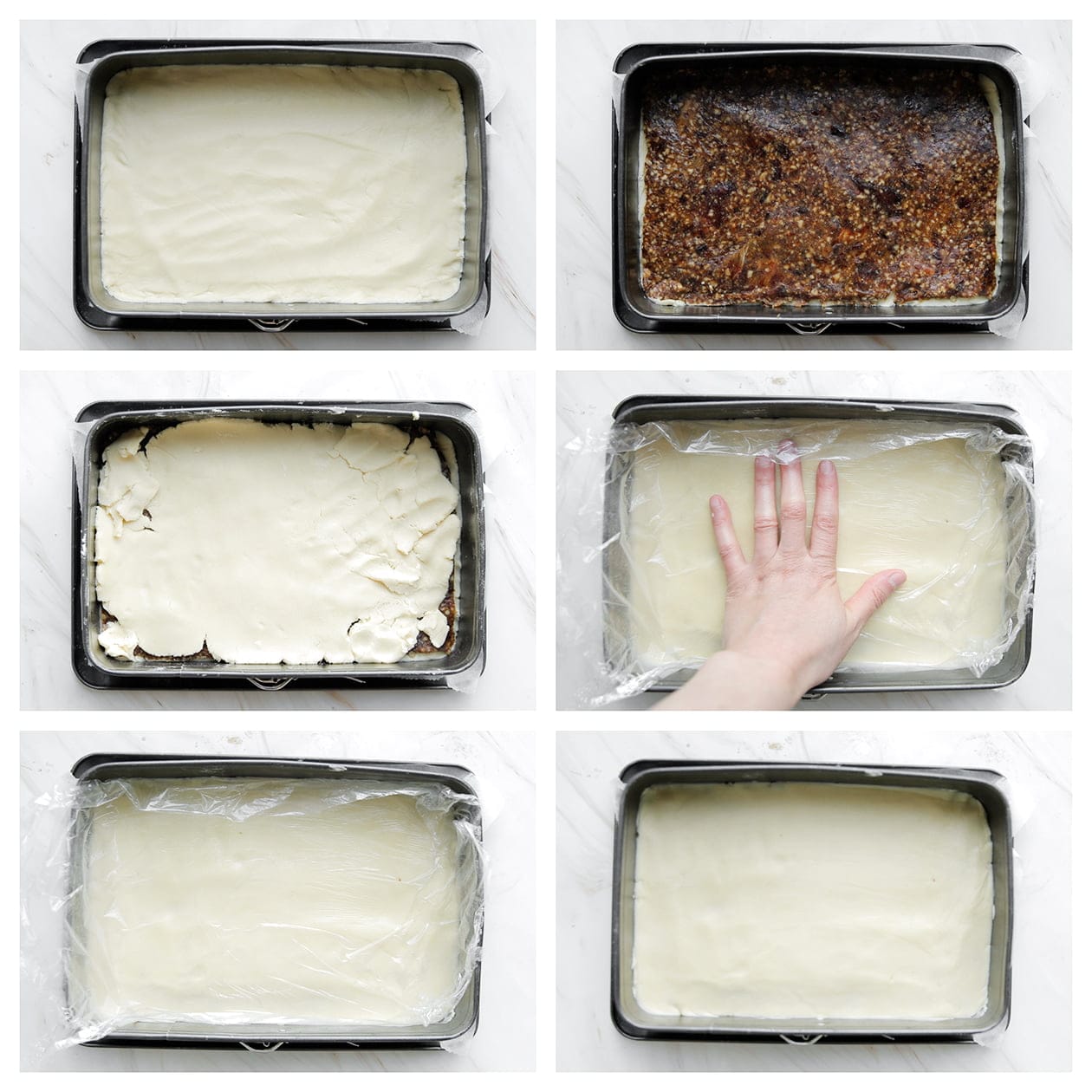 Koekjesdeeg en het dadelmengsel opstapelen in een bakvorm