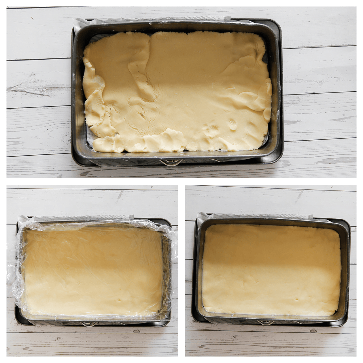 Koekjesdeeg verdelen over de bodem van de bakvorm