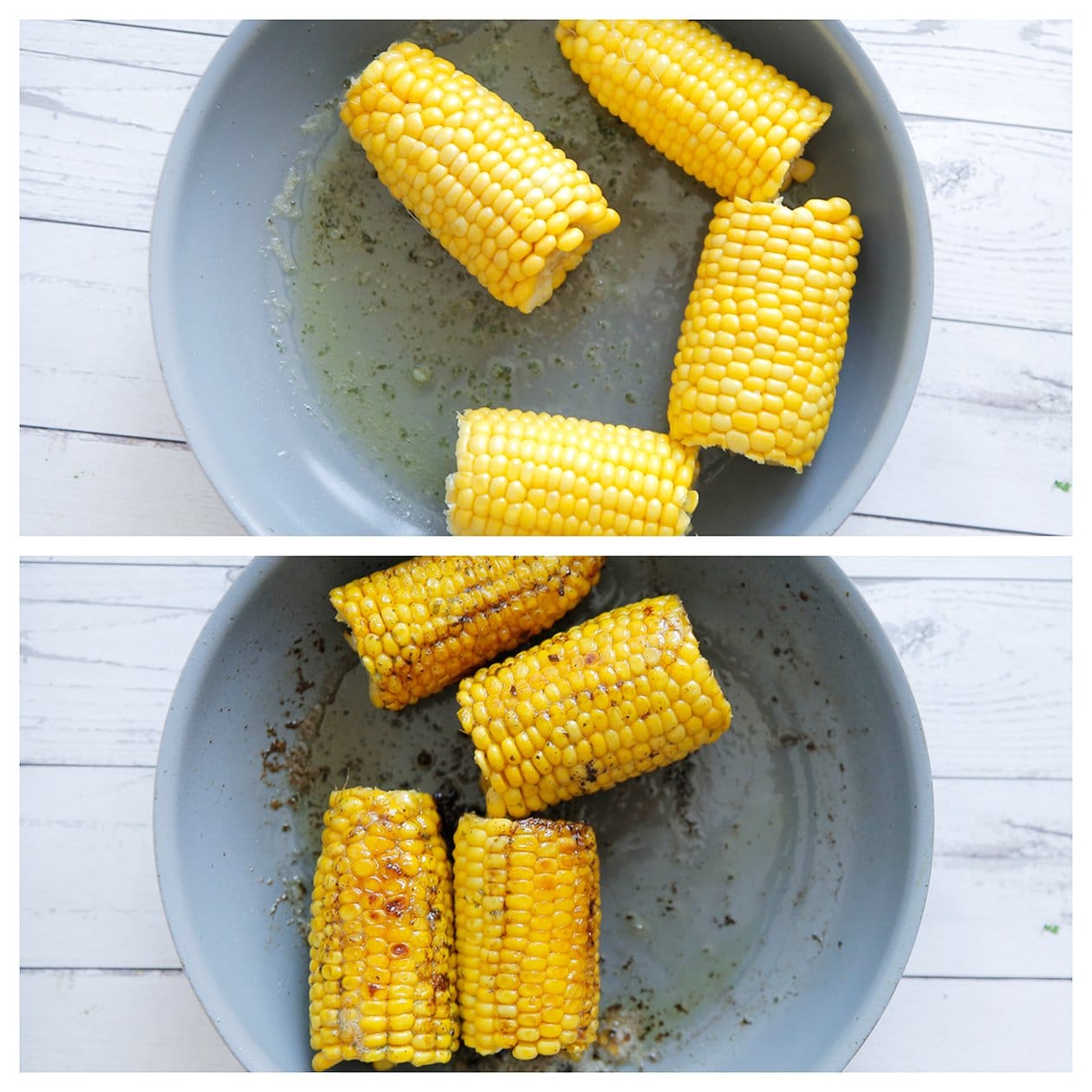 Maiskolven goudbruin bakken in een koekenpan