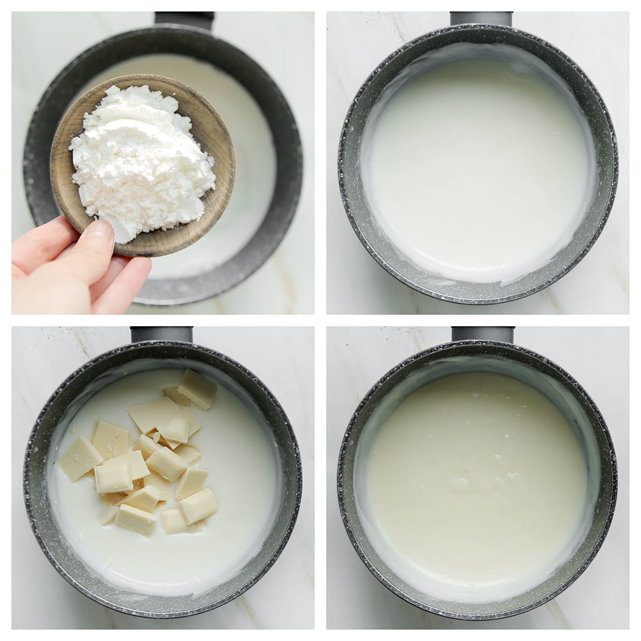 Melk-chocolademengsel in een steelpan koken