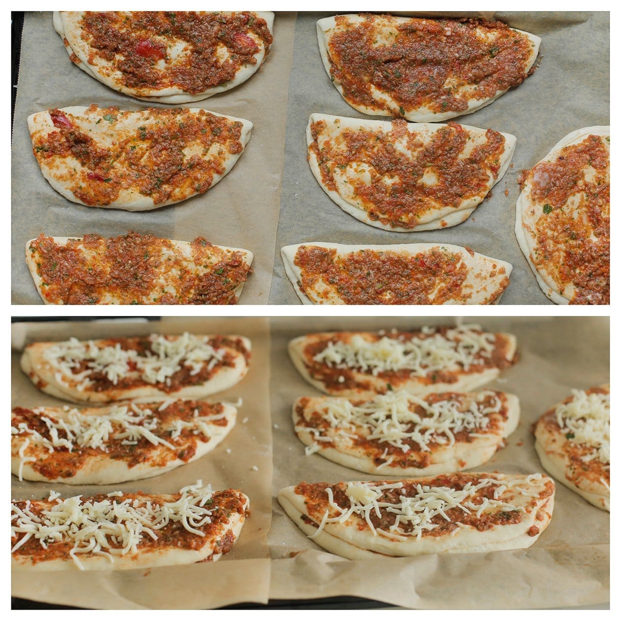 Mozzarella over het deeg strooien