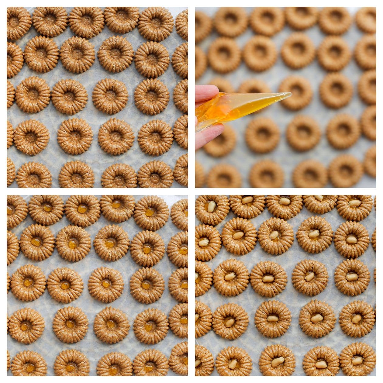 Pindakoekjes decoreren met honing en pinda's