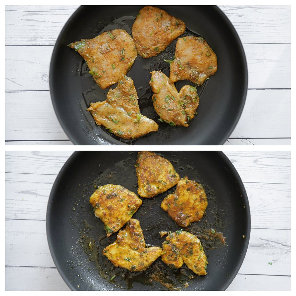 Plakken kipfilet gaar bakken in een koekenpan