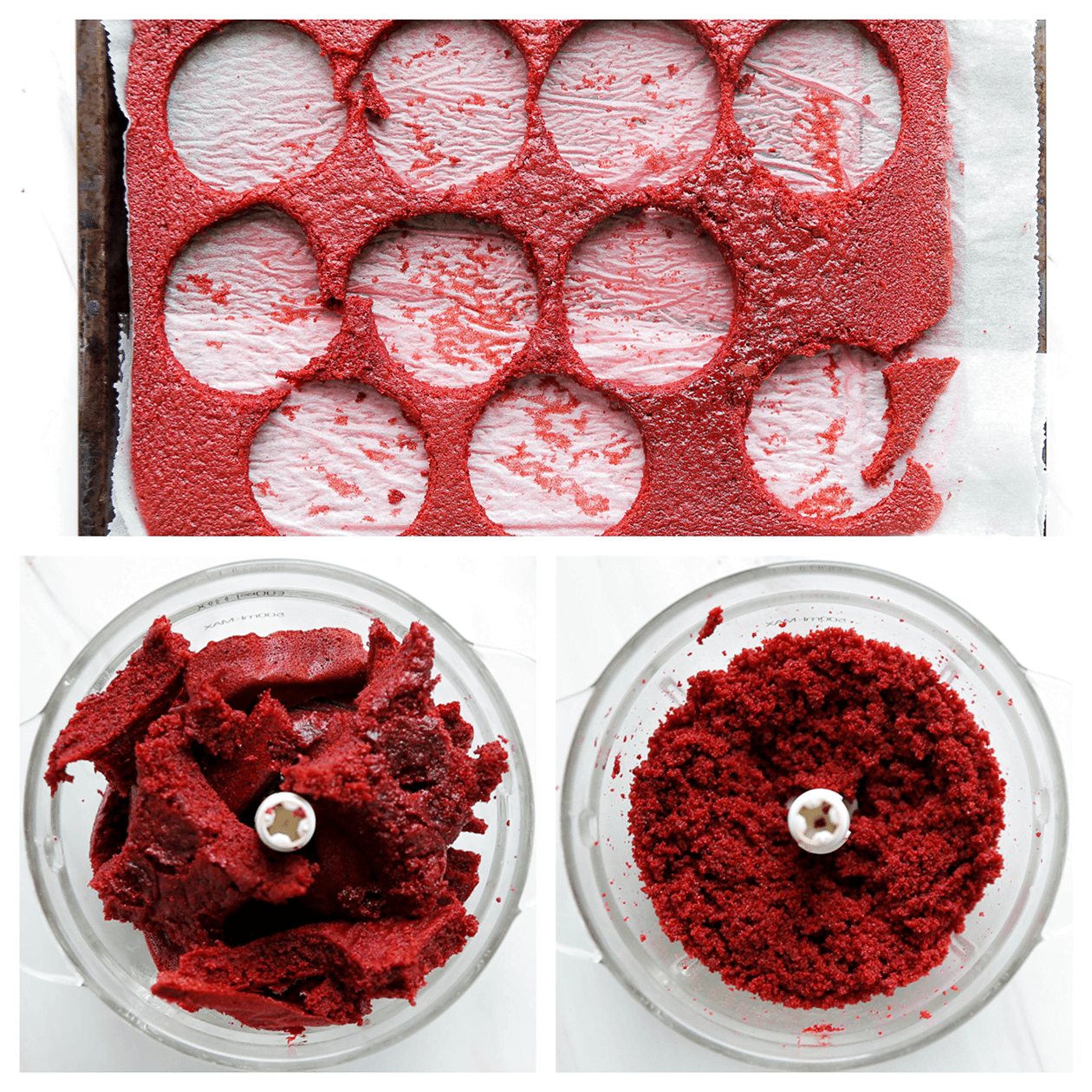Red velvet cake fijnmalen in een hakmolen