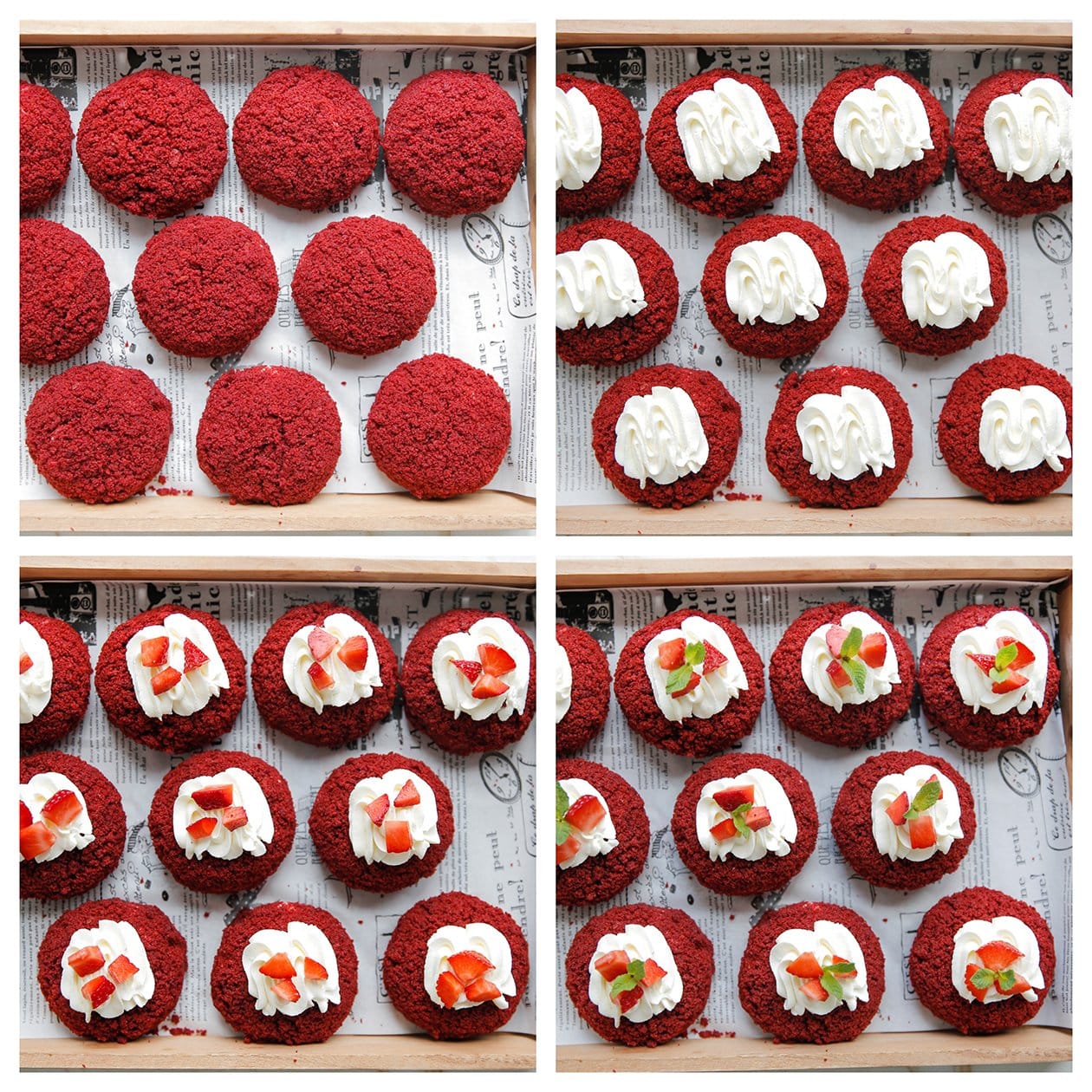 Red velvet kroontjes garneren met room, aardbei en muntbladeren