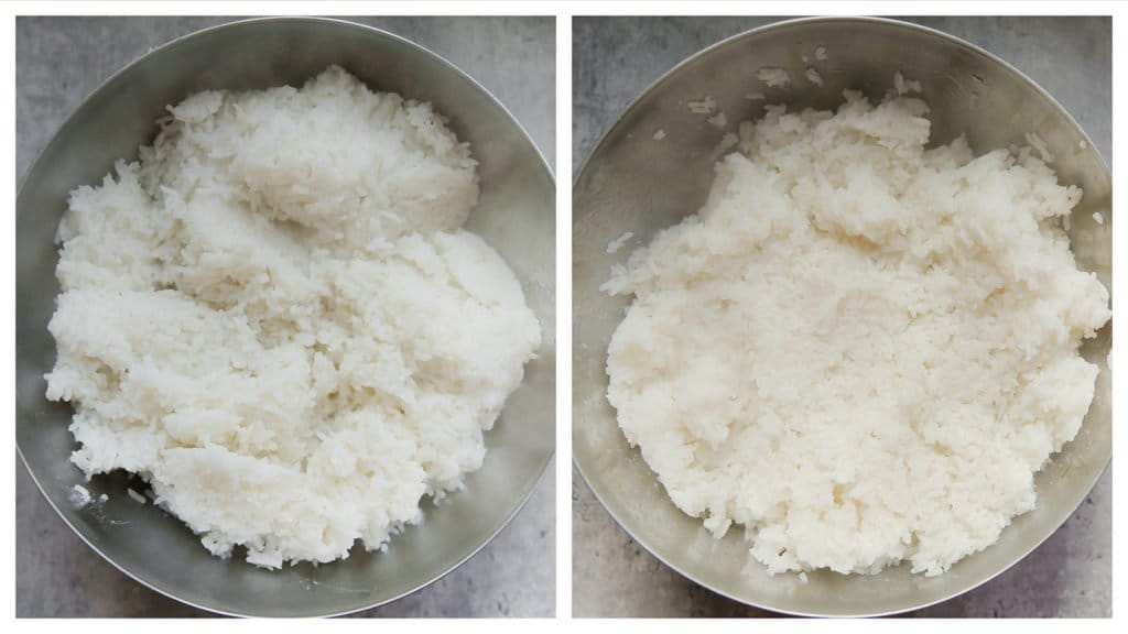 Voeg het suiker-azijnmengsel toe aan de rijst. Meng goed.