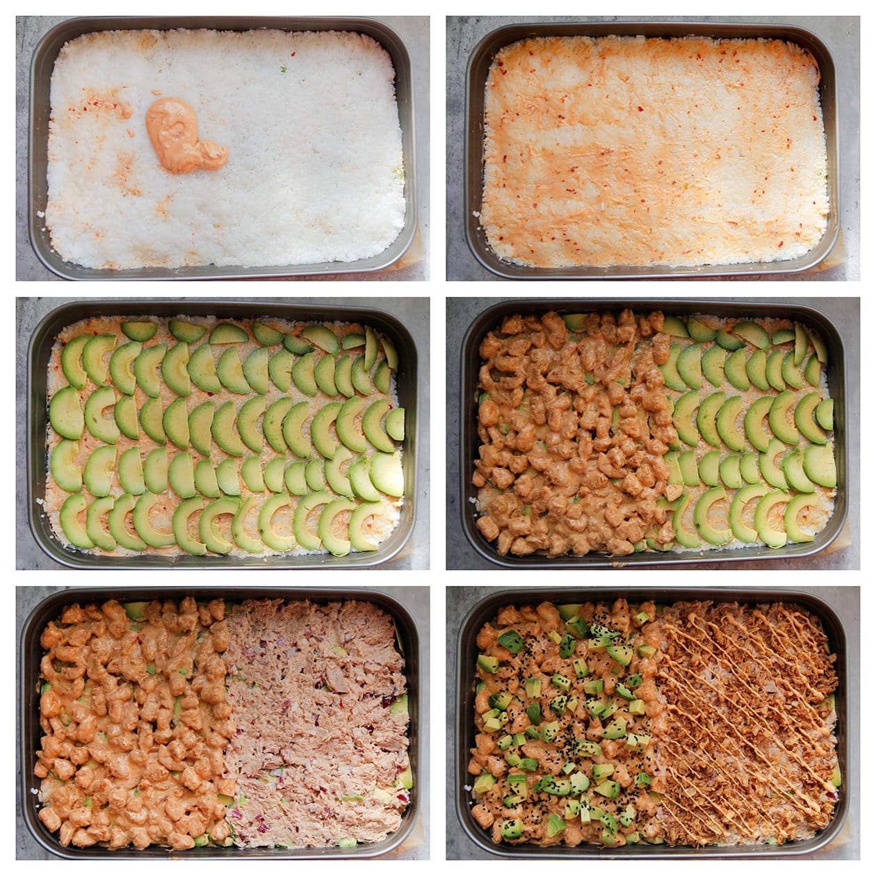 Saus, avocado, garnaalmengsel, tonijnmengsel garnering