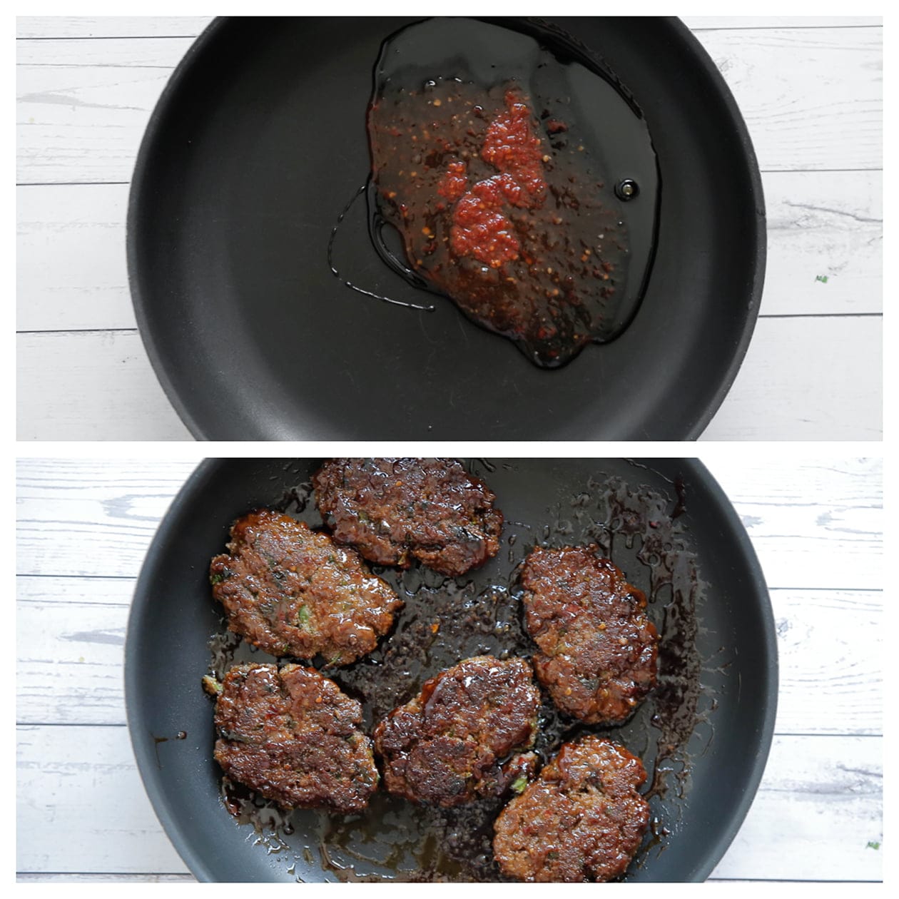 Saus inkoken en dan mengen met de gehaktburgers
