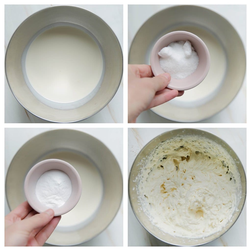 Doe de ongeklopte slagroom in een kom. Voeg de vanillesuiker, klopfix en suiker toe. Klop de slagroom stijf.