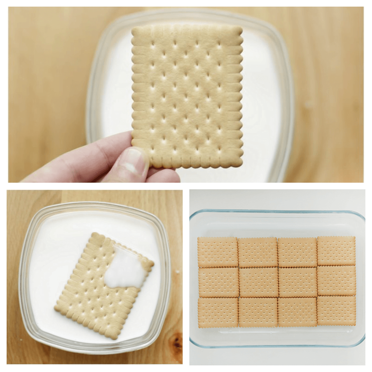 Theebiscuit door de melk halen en verdelen over een ovenschaal kopiëren