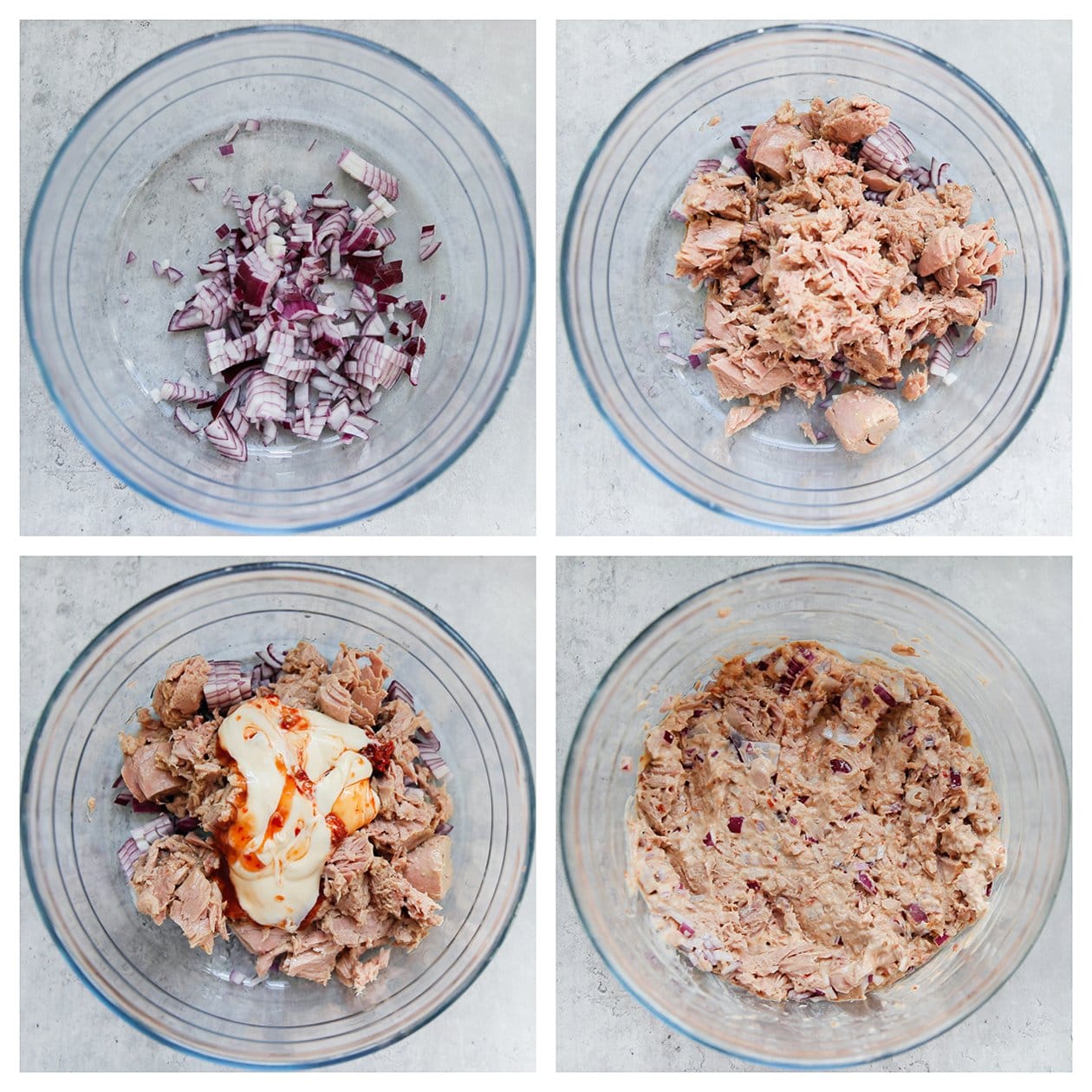 Tonijn mengen met rode ui en saus tot een geheel