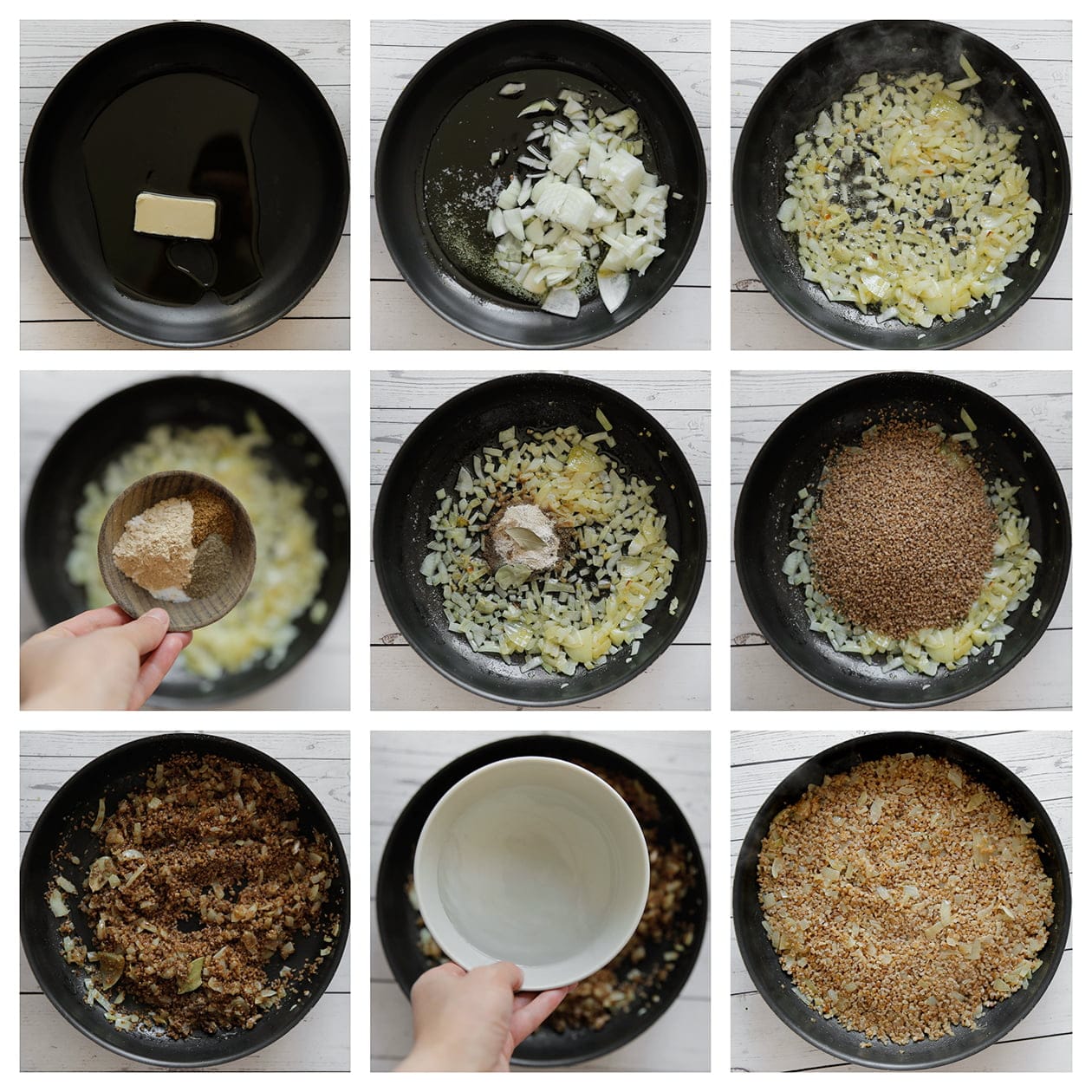 Gele ui bakken met verse kruiden en bulgur en dan koken