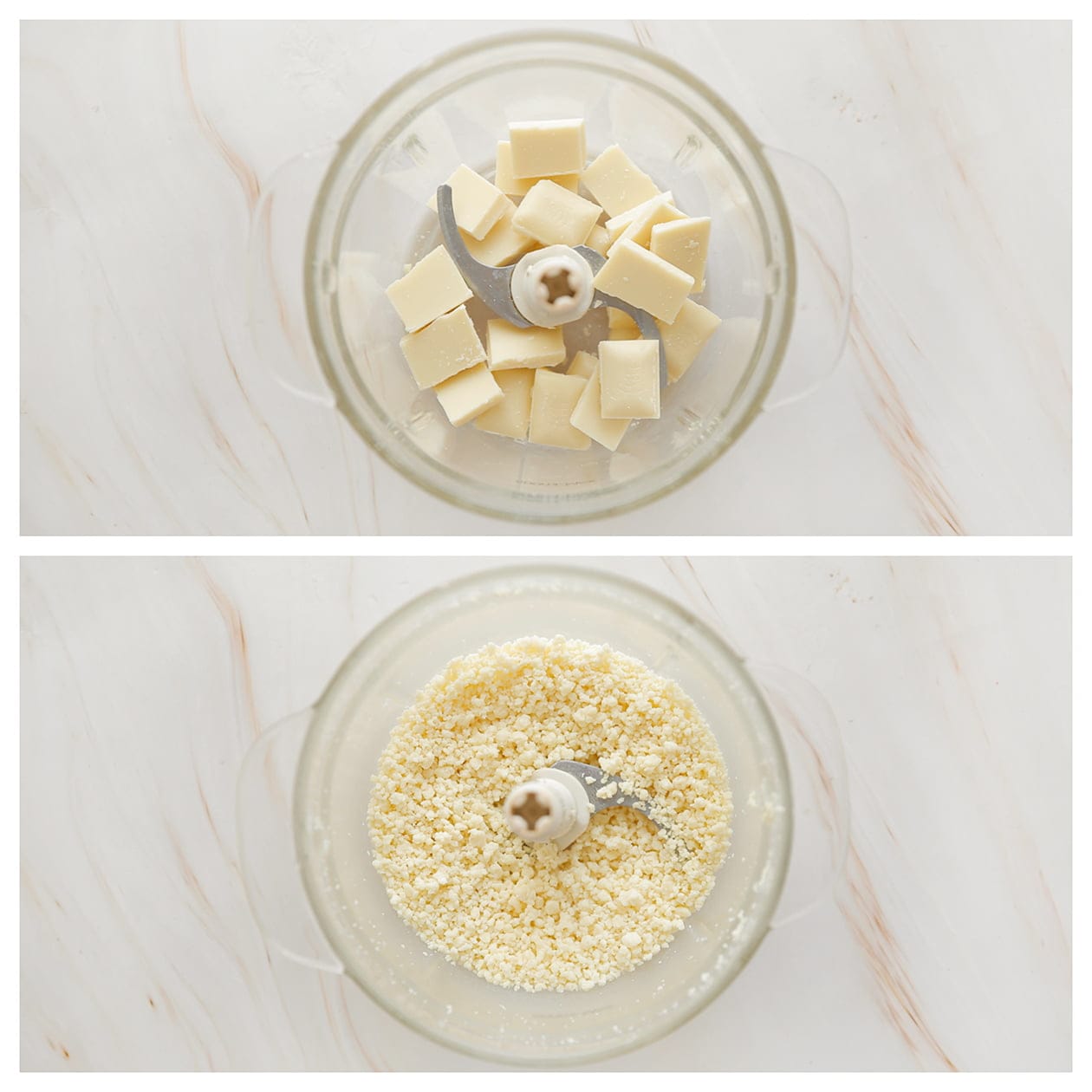 Witte chocolade in een hakmolen fijnmalen