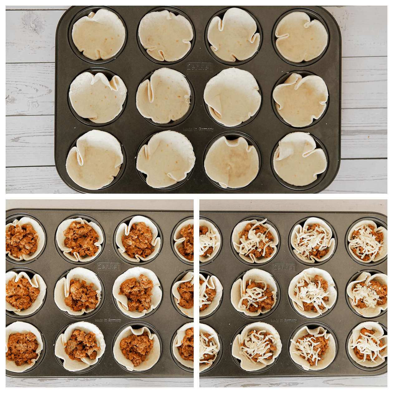 Wraps in muffinbakvorm en vullen met het gehaktmengsel en geraspte kaas